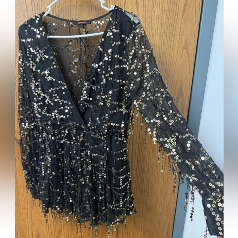 Xtaren Black with Gold Sequin V-Neck Long Sleeve Sheer romper - Picture 3 of 11